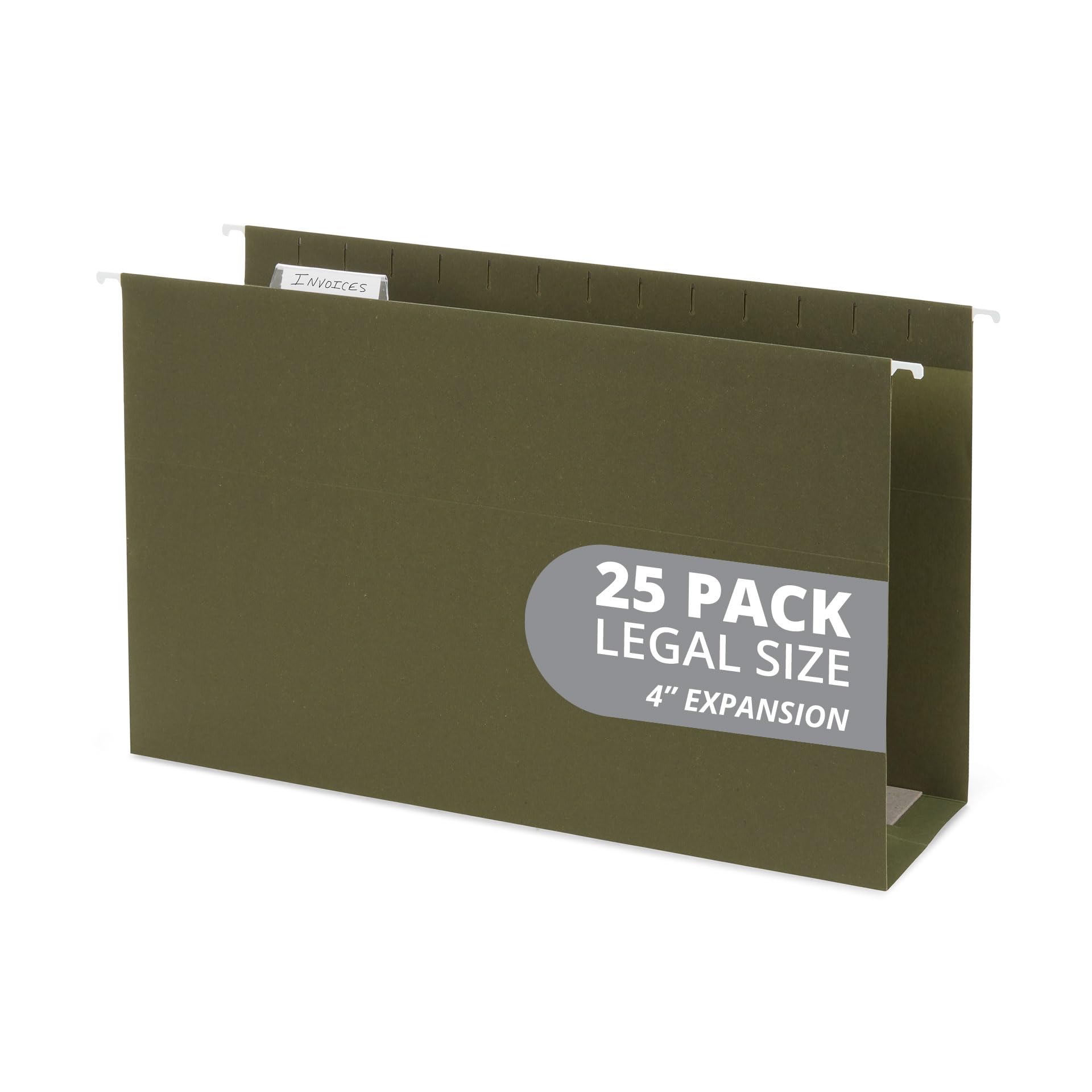 25 Blue Summit Supplies Legal Size Hanging File Folders, 4' Expansion, Standard Green, 12Pt Paper, Plastic Tabs Included, Expan