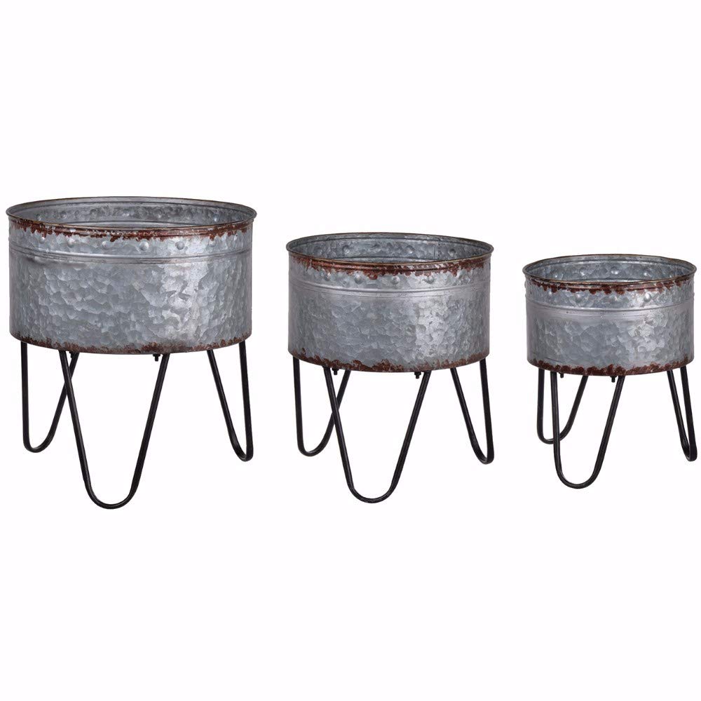 Benzara Galvanized Sheet Planter Tubs, Iron Powder Coated Hairpin Legs, Set Of 3, Gray, Black