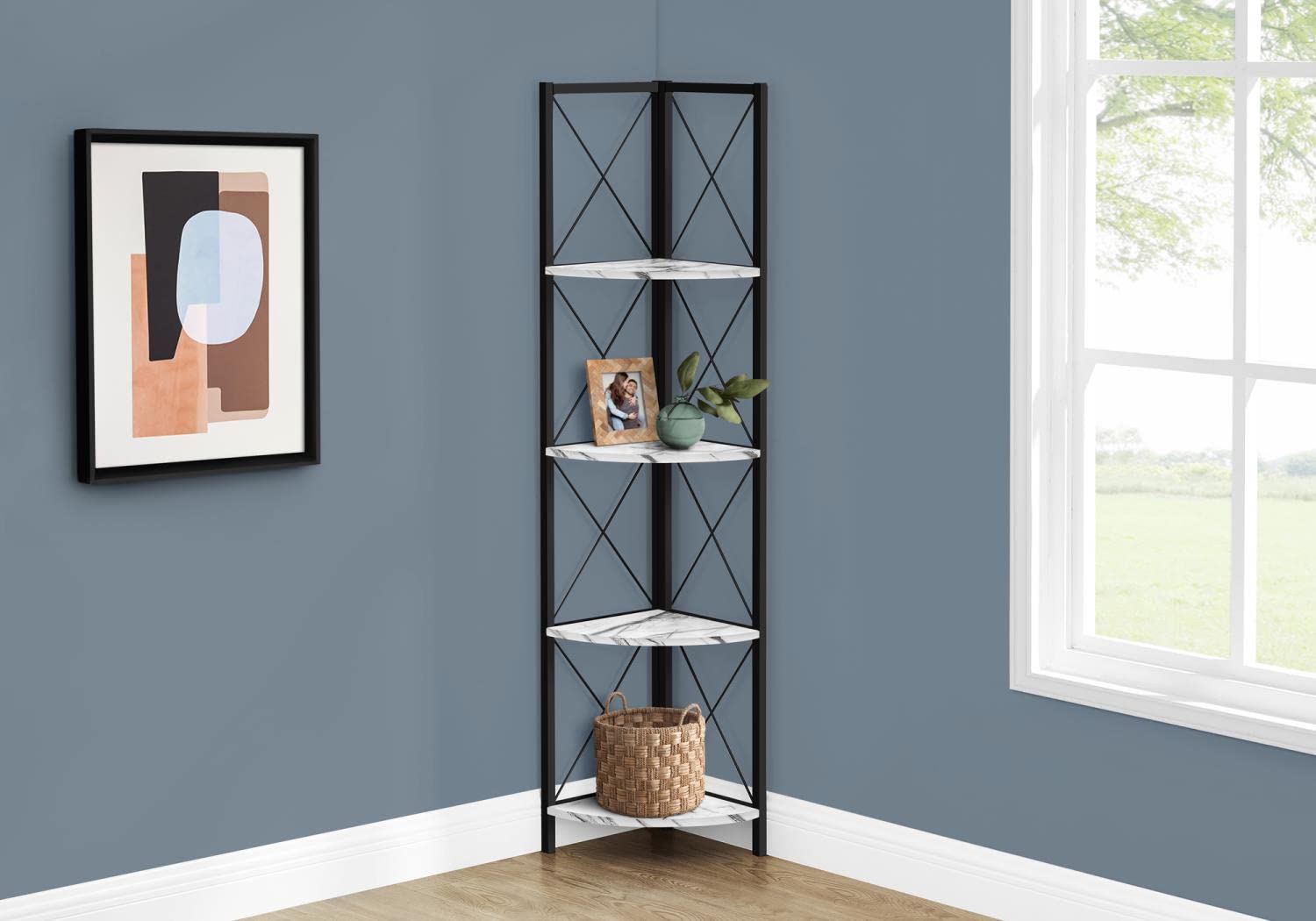 Monarch Specialties I 3651 Bookshelf, Bookcase, Etagere, Corner, 4 Tier, 60' H, Office, Bedroom, Metal, Laminate, White Marble Look, Black, Contemporary, Modern