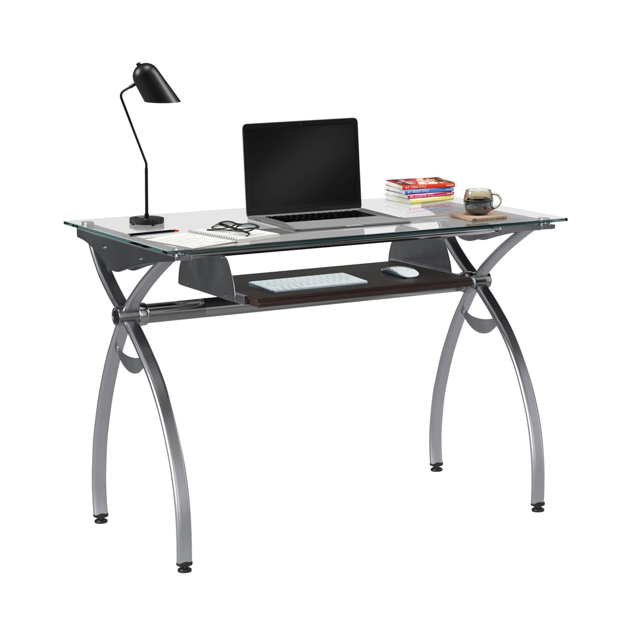 Techni Mobili Modern 43&quot; Tray, Compact Small Spaces with Steel Frame Clear Contempo Glass Top Computer Desk with Pull Out Keyboard Panel, 43.25&quot; W x 22.5&quot; D x 29.5&quot; H