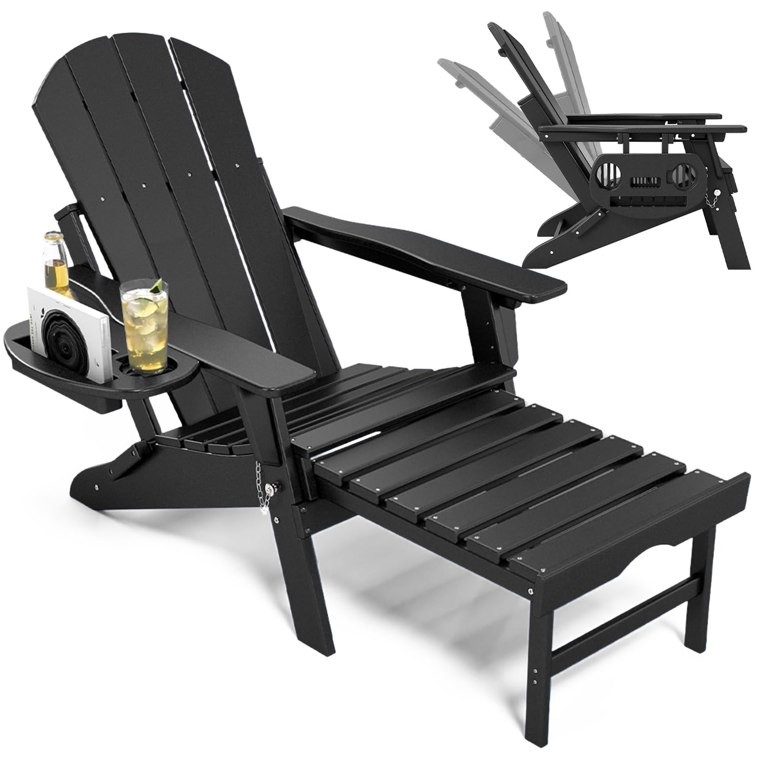 NAVINE Adjustable Adirondack Chair with Retractable Ottoman, HDPE Folding Adirondack Chair with Cup Holder, All Weather Fire Pit
