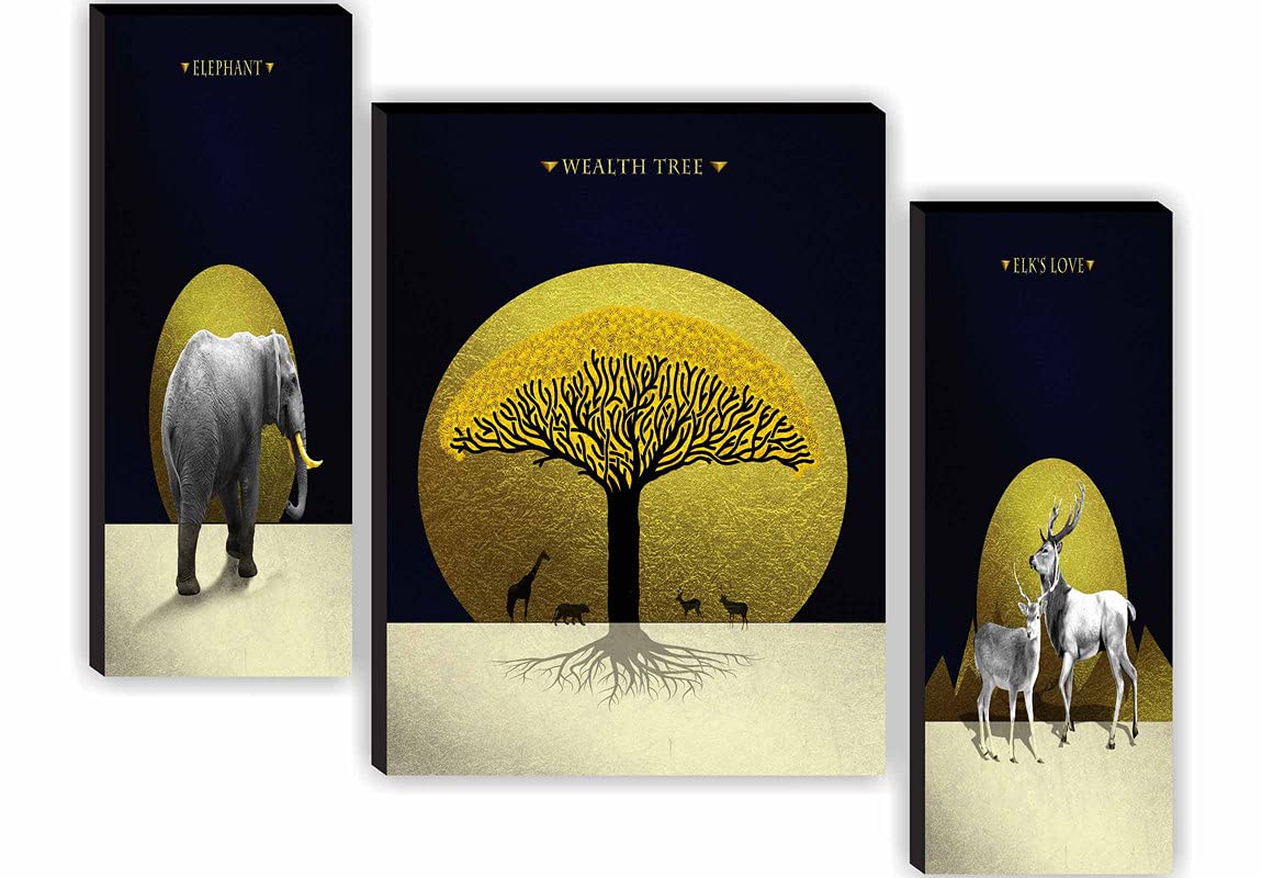 Saf Paintings Set Of 3 Deer And Elephant Nature Uv Textured Home Decorative Gift Item Self Adeshive Painting 18 Inch X 12 Inch S