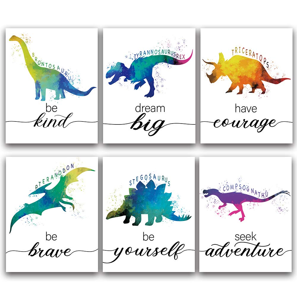 SUUURA-OO Dinosaur Bedroom Cool Watercolor Inspirational Words Woodland Art Prints Set of 6 (8X10), lovely Roar Name Word Wall A