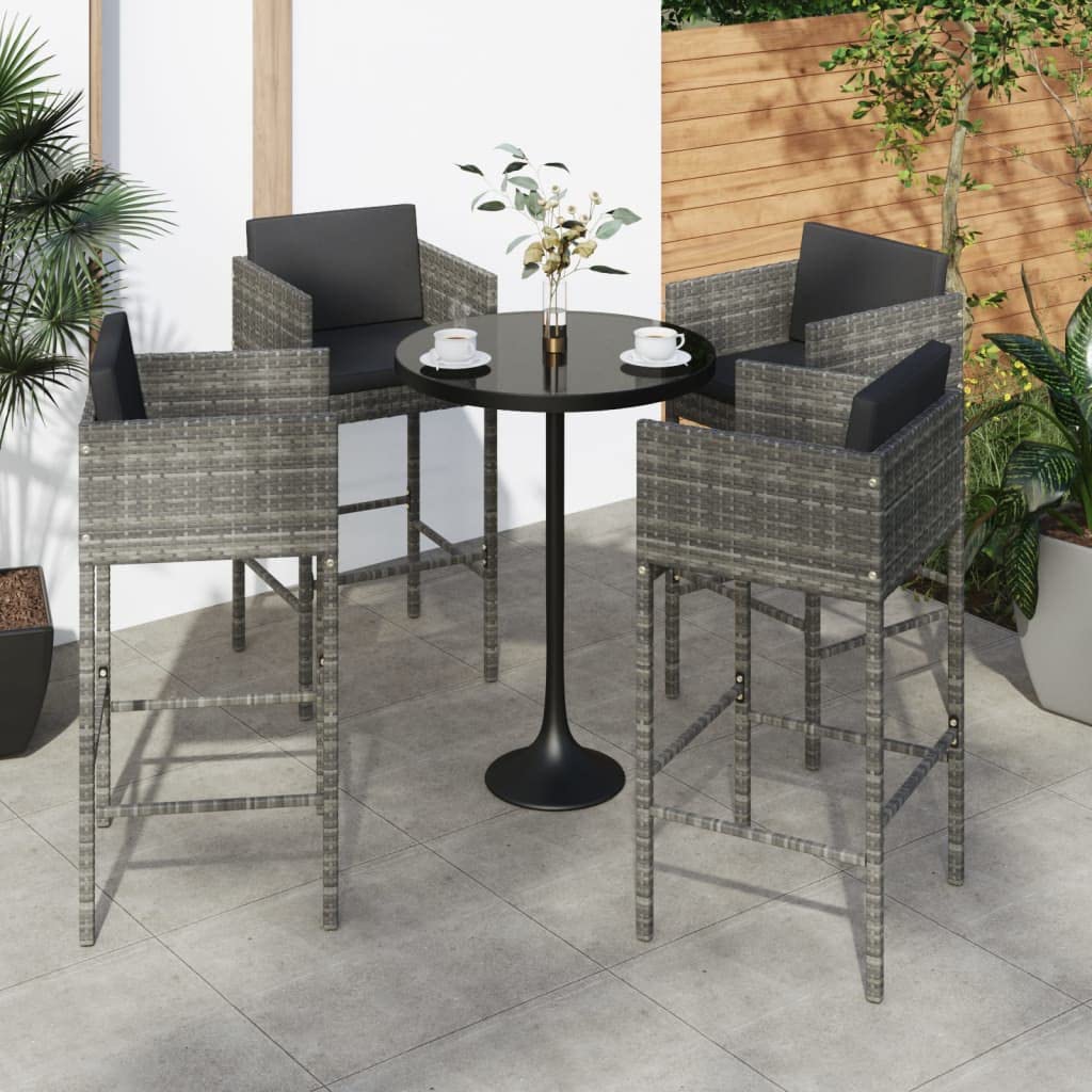 vidaXL Set of 4 Bar Stools with Cushions in Gray Poly Rattan – Modern Design for Outdoor/Indoor Use, Lightweight Yet Sturdy and Comfortable