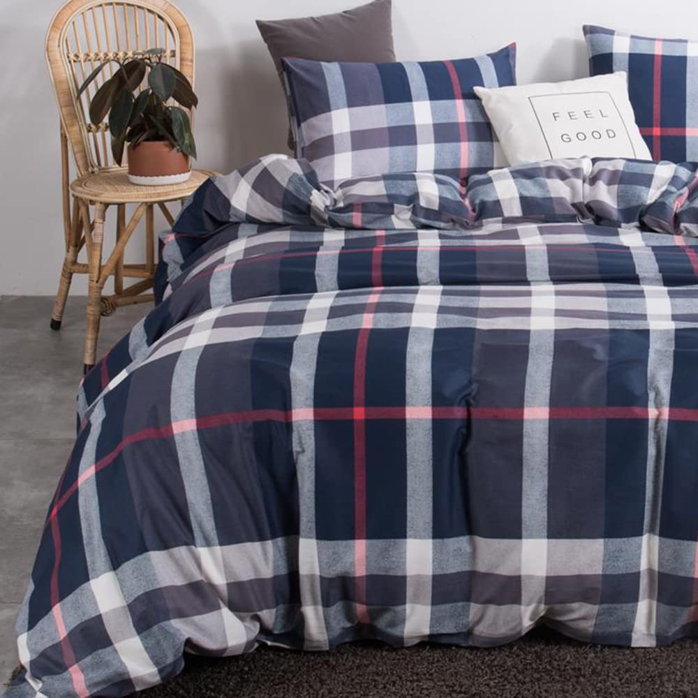 Clothknow Navy Plaid California King Comforter Set Blue Tartan Bedding Comforter Sets Geometric Bed Comforter Cal King Men Women Bedding Blue White Grey Grid Bedding 3Pcs Plaid Comforter Sets Cal King