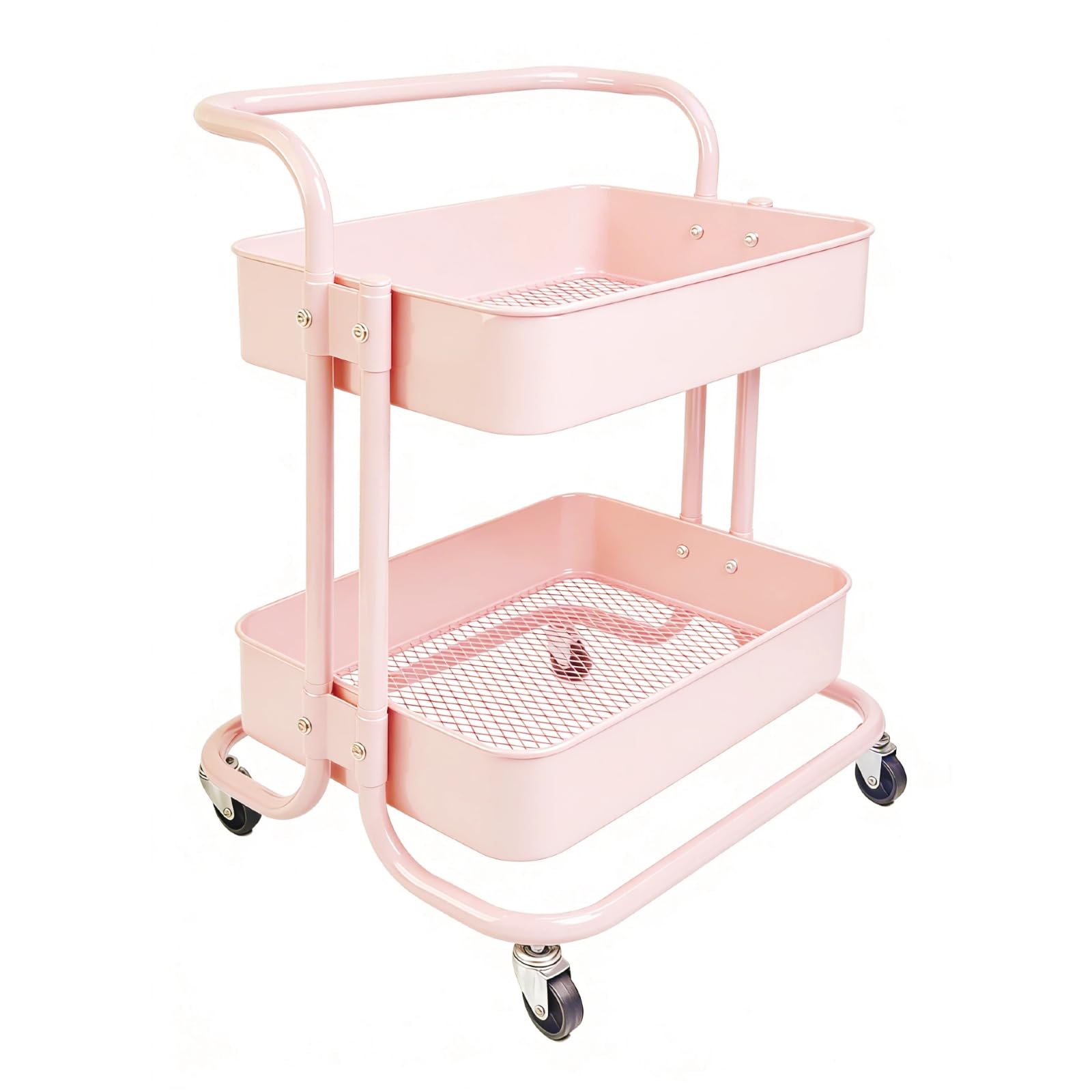 Ufriandz 2 Tier Short Rolling Cart with Wheels All-Metal Pink Pantry Storage for Kitchen,Under Desk Trolley with Handle Small Wh