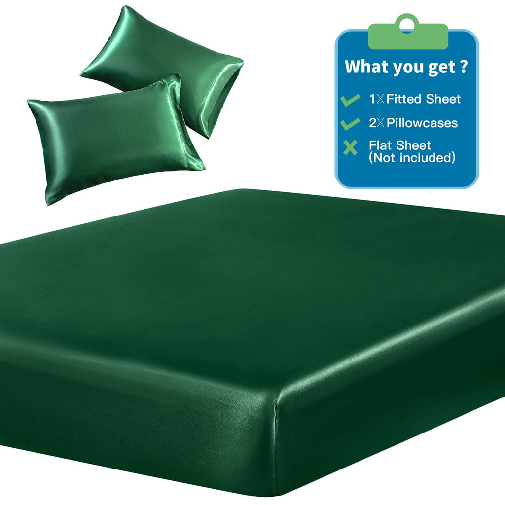 Siinvdabzx 3-Piece Set Satin Full Fitted Sheet & 2 Pillowcase, Emerald Green Silky Soft Fitted Bottom Sheet, Wrinkle Free, Fade