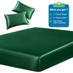 Siinvdabzx 3-Piece Set Satin Full Fitted Sheet & 2 Pillowcase, Emerald Green Silky Soft Fitted Bottom Sheet, Wrinkle Free, Fade