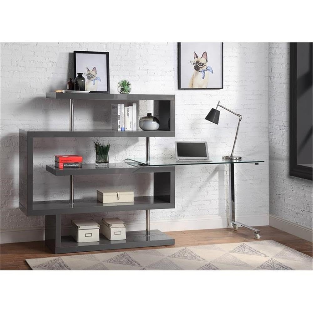 Acme Buck II Glass Top Writing Desk in Chrome and Gray High Gloss
