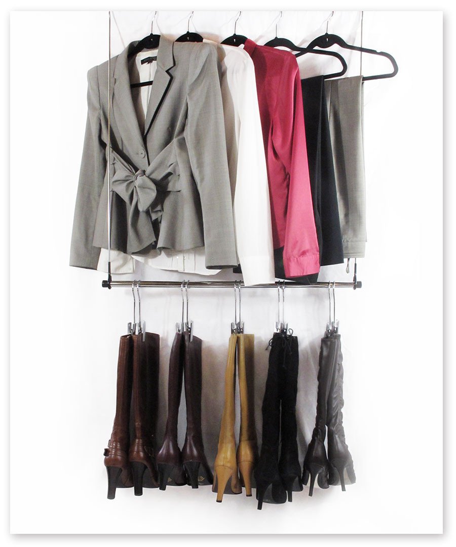 Hanging Boot Rack Closet Doubler (Closet Rod Hanger with 6 Silver Boot Hangers)