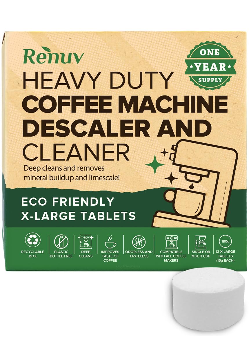 Renuv Coffee Maker Cleaner & Descaler Tablets, 12 Uses for Keurig, Ninja, Breville, Delonghi, Nespresso, Miele, Jura, Mr Coffee,