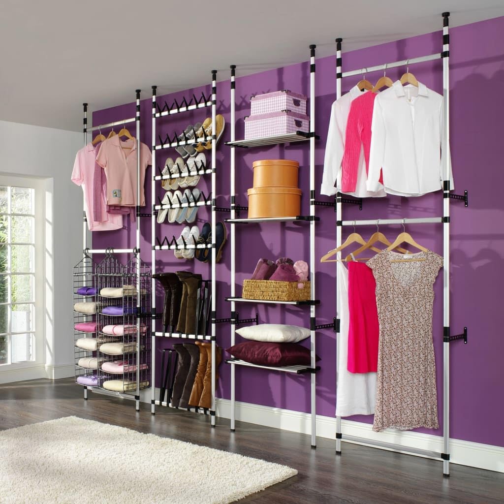 vidaXL Aluminum Telescopic Wardrobe System, Adjustable Closet Organizer with Shelves, Space-Saving, Silver and Black