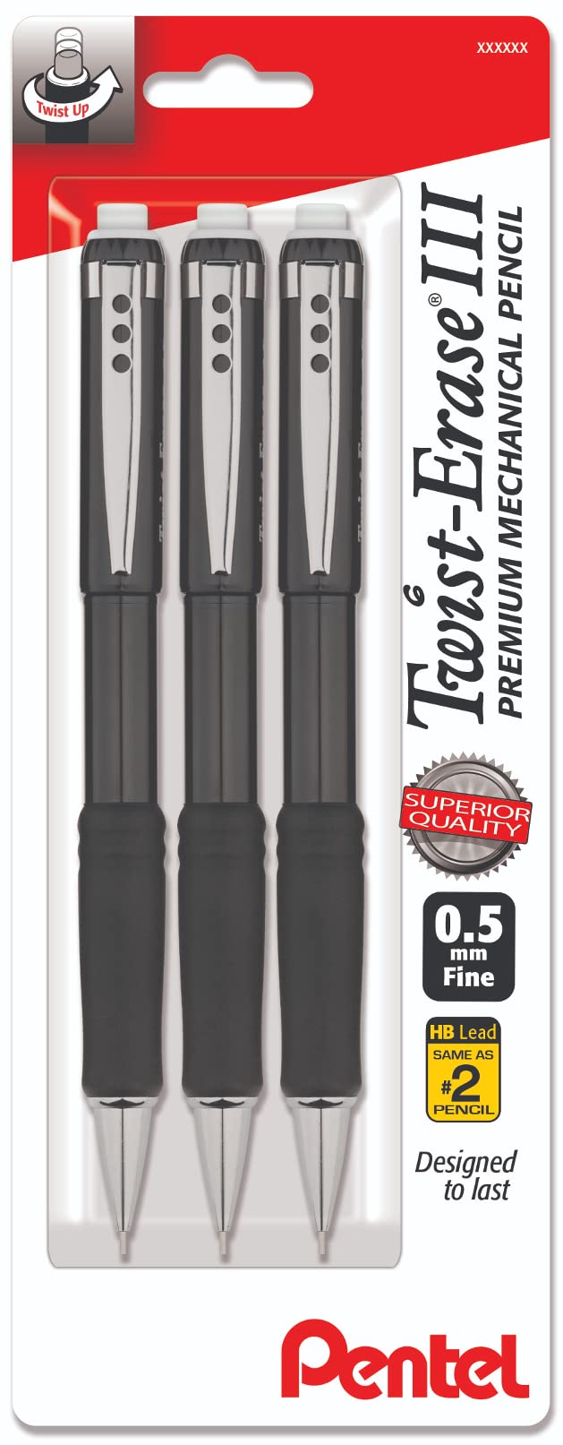 Pentel Mechanical Pencil 0.5 Mm Twist Erase Iii - Twist Up Eraser - Pre-Loaded Super Hi-Polymer Hb Lead - Black Barrel - 3-Pack