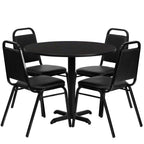 Flash Furniture Carlton 36'' Round Black Laminate Table Set with X-Base and 4 Black Trapezoidal Back Banquet Chairs