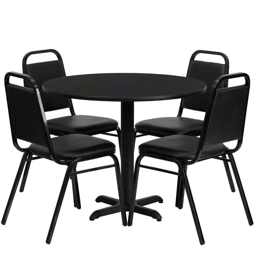 Flash Furniture Carlton 36'' Round Black Laminate Table Set with X-Base and 4 Black Trapezoidal Back Banquet Chairs