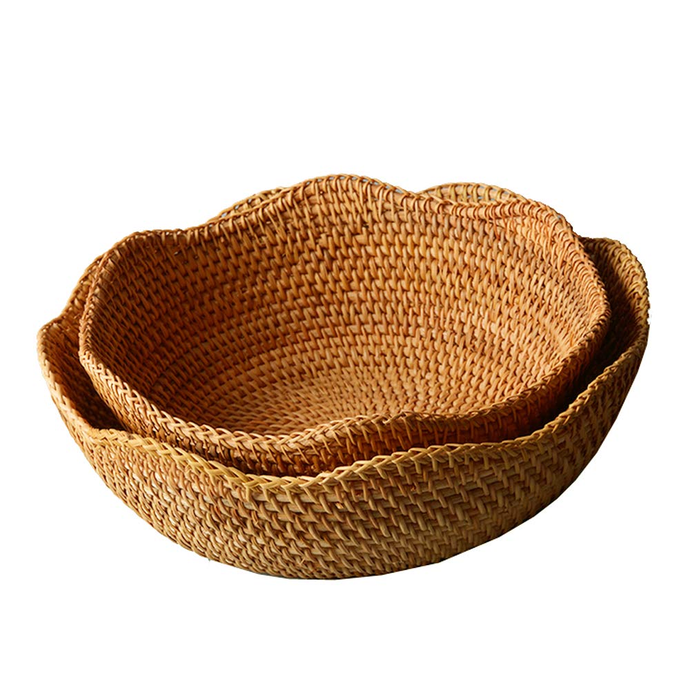 Set of 2 Hand-woven Basket Bowls, Round Wicker Serving Tray Fruit Bowl, Bread Basket Set, Food Storage Bowls, Rattan Tray for Co