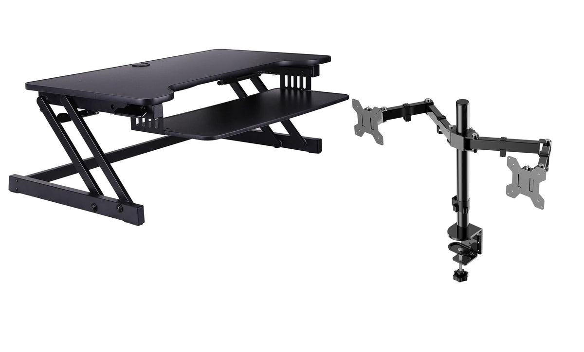 Rocelco 37.5&quot; Deluxe Height Adjustable Standing Desk Converter with Dual Monitor Mount BUNDLE - Quick Sit Stand Up Computer Workstation Riser - Large Retractable Keyboard Tray - Black (R DADRB-DM2)