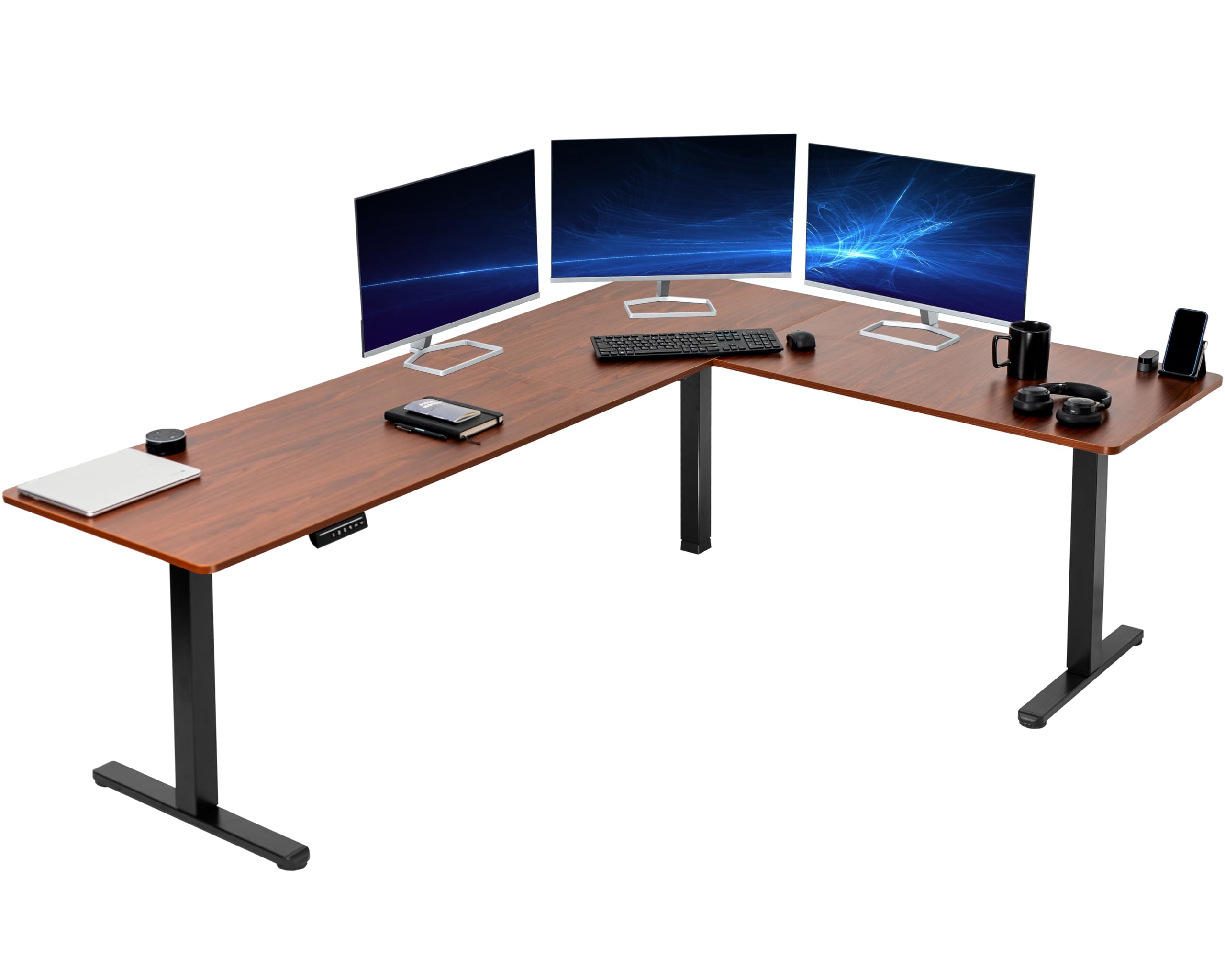 VIVO Electric Corner 84 x 63 inch L-Shaped Standing Desk, Memory Height Adjustment, Dark Walnut Top Black Frame, DESK-E3CTBD-84