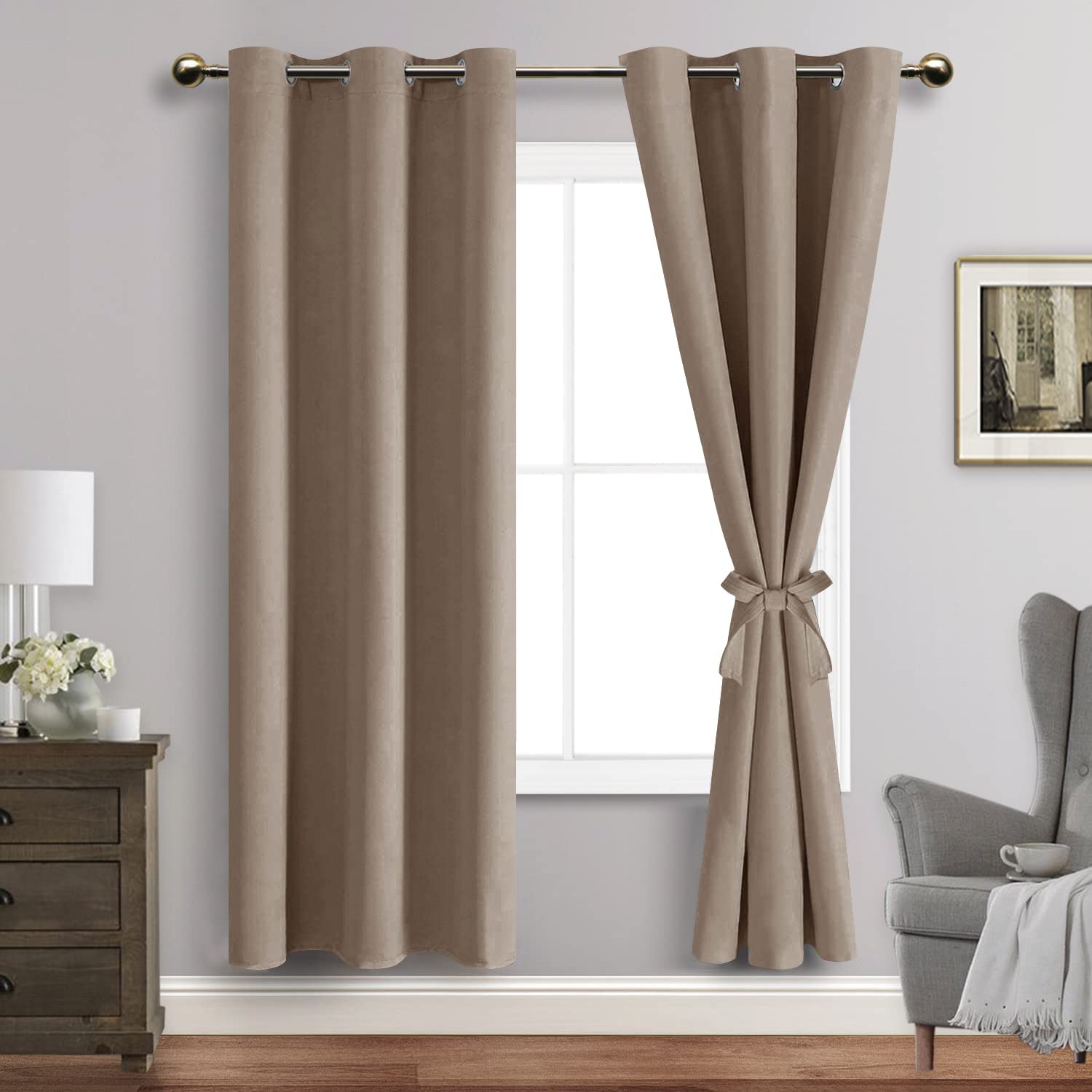 Jiuzhen Taupe Blackout Curtains With Tiebacks - Thermal Insulated, Light Blocking And Noise Reducing Grommet Curtains For Bedroom And Living Room, Set Of 2 Window Curtain Panels, 42 X 72 Inch Length