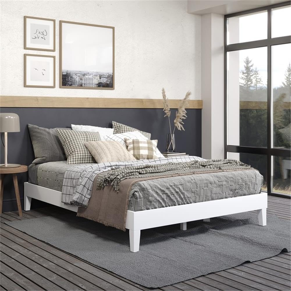 Steve Silver Furniture Nix Queen Platform Bed, 6.5-Inch Under Bed Clearance, Farmhouse, Contemporary, Mid-Century, Modern, Solid Pine Wood, Bedroom, 82.01&quot; L x 62.48&quot; W x 12.24&quot; H, White