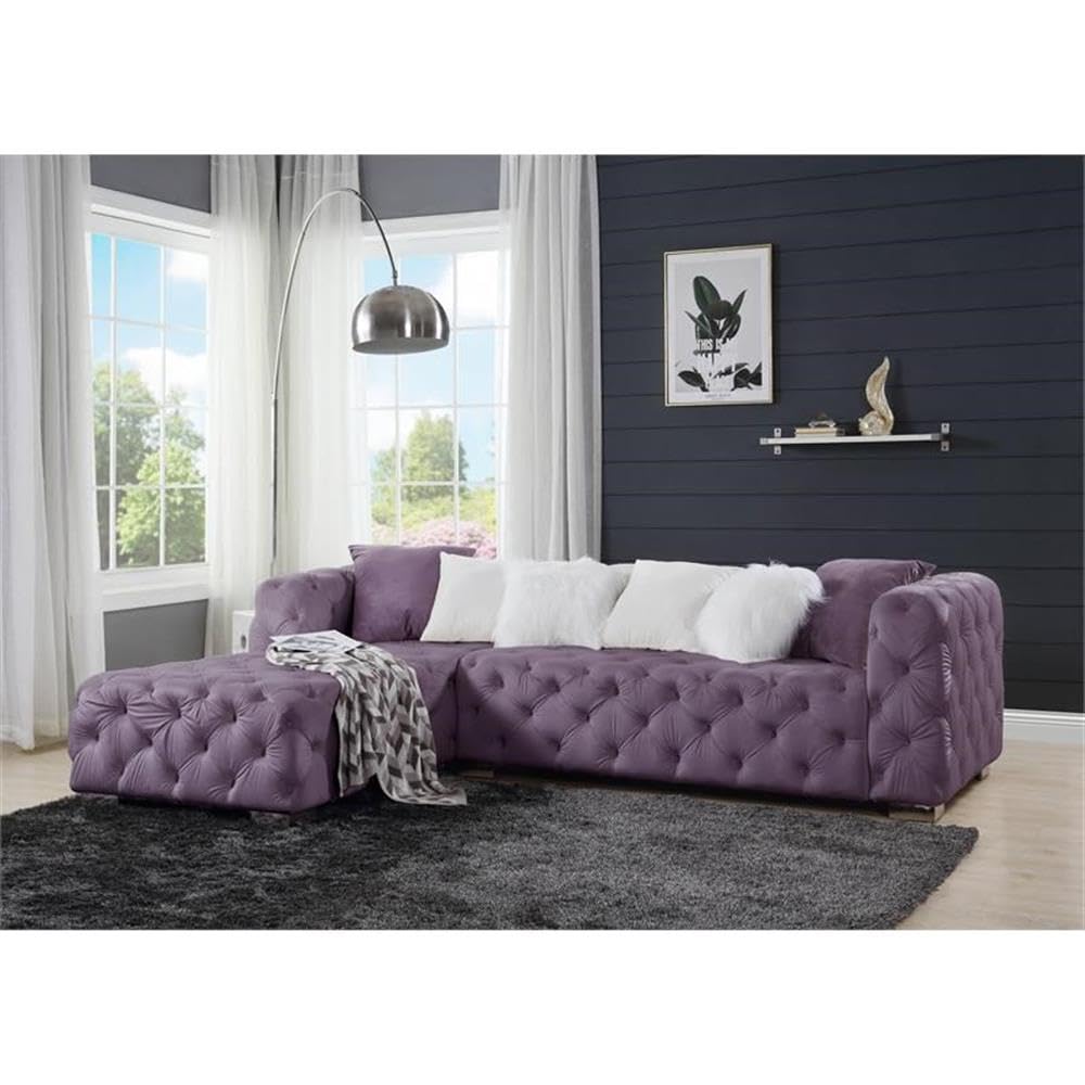 Acme Qokmis Tufted Upholstered Sectional Sofa with 6 Pillows in Purple Velvet