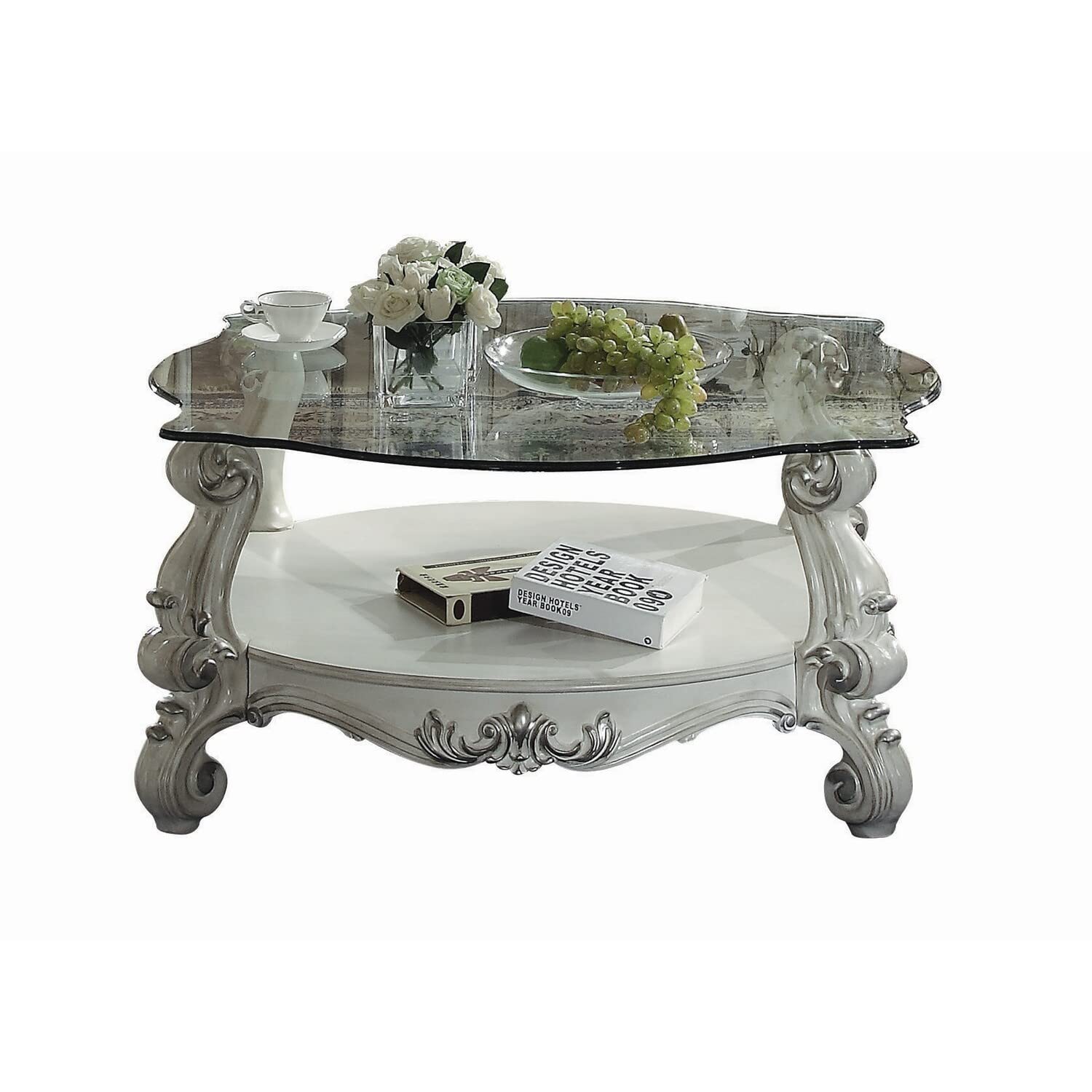 Benjara Curved Glass Top Coffee Table With Open Shelf, White