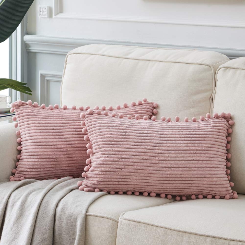 Fancy Homi 2 Pack Blush Pink Lumbar Decorative Throw Pillow Covers 12X24 Inch With Pom-Poms For Couch Bedroom Sofa, Farmhouse Bo