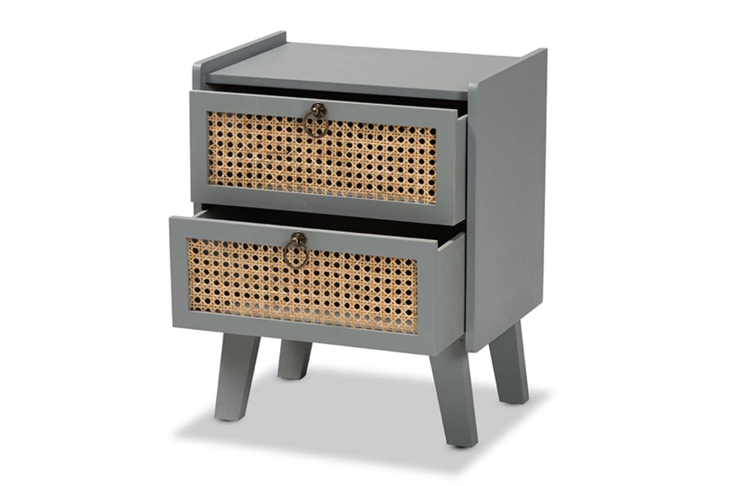 Baxton Studio Waller Mid-Century Modern Natural Rattan and Grey Finished Wood 2-Drawer Nightstand