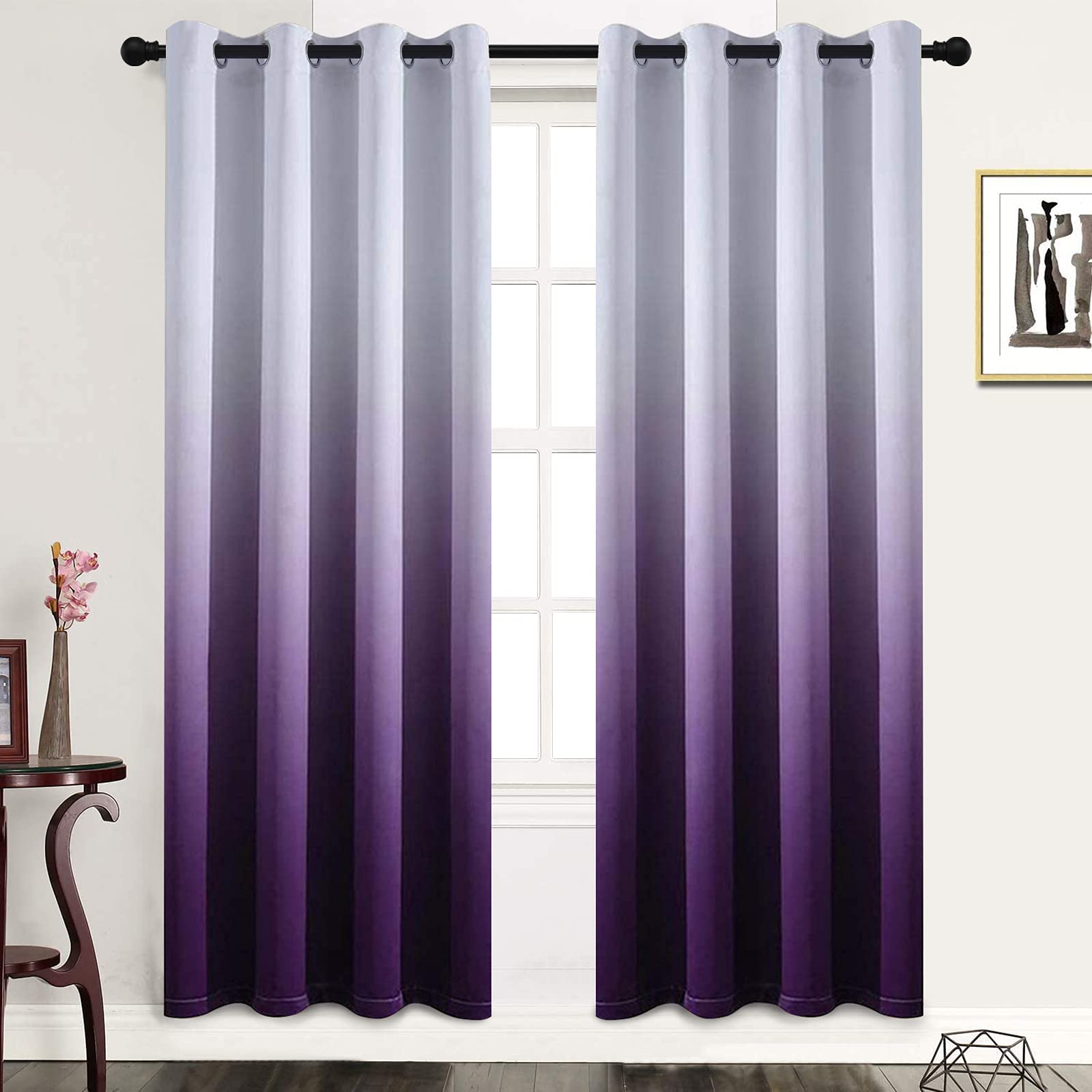 Gradient Color Ombre Room Darkening Curtains Blackout Purple Thermal Insulated Eyelet Top Panels Grommet Window Drapes For Livin