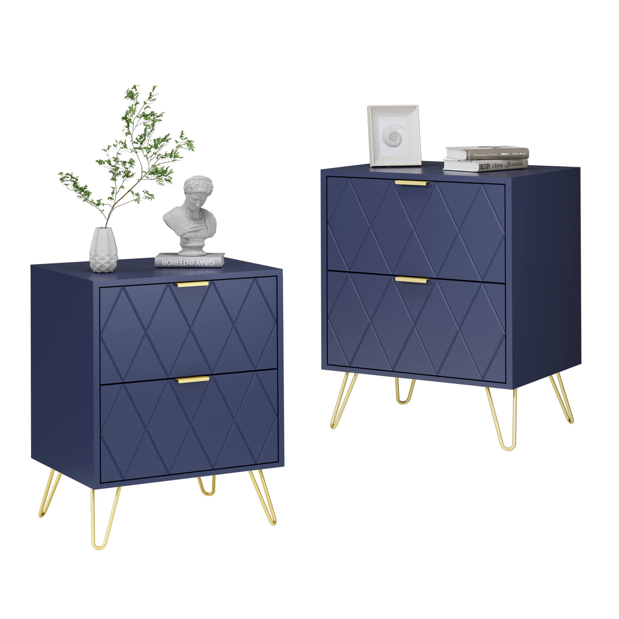 Anbuy Navy Blue Nightstand Set Of 2, Bedside Table With 2 Spacious Drawers, Dual Night Stand Gold Legs, End Side Table Double,For Bedroom Living Room 2-Pack