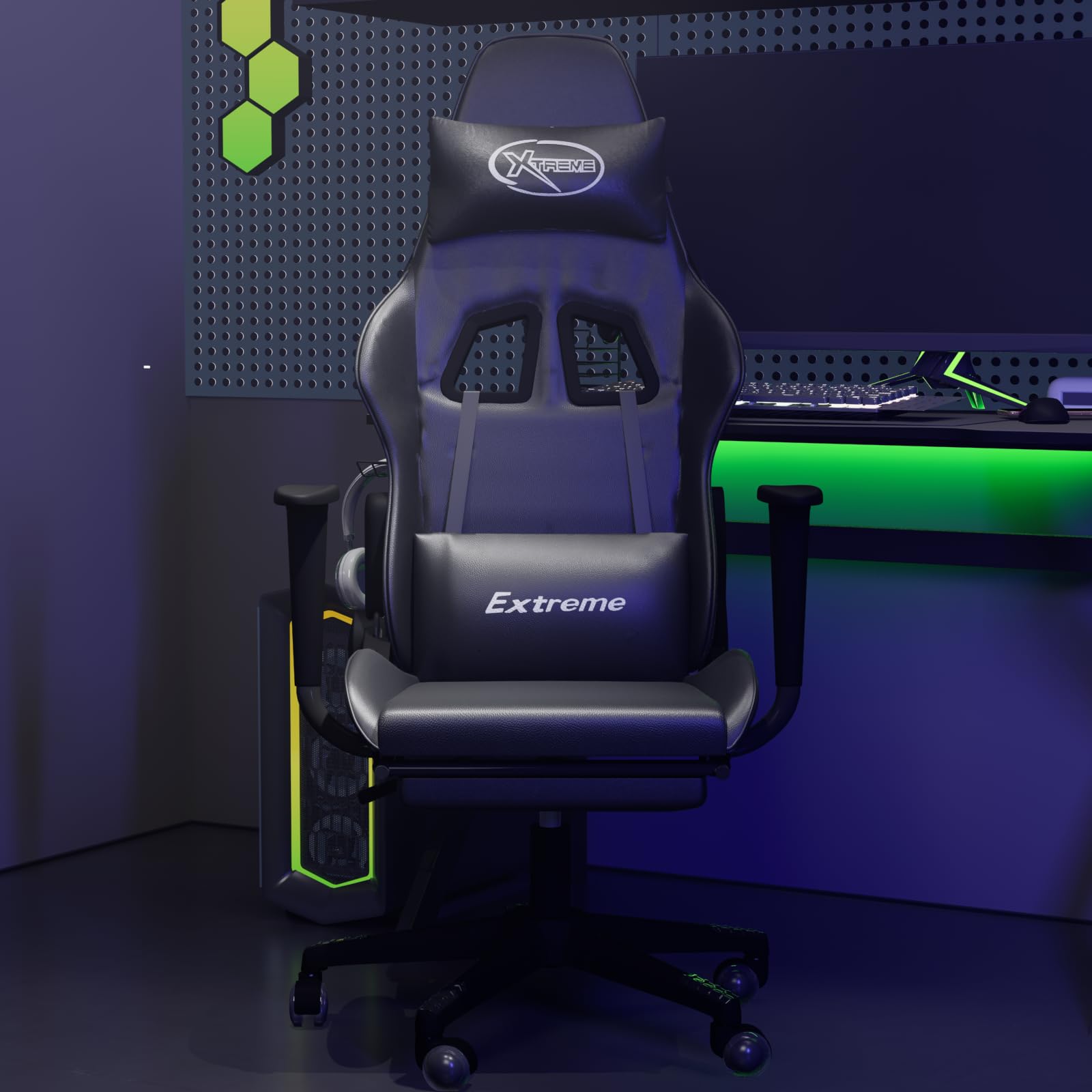 vidaXL Massage Gaming Chair for Adult, Reclining Computer Chair with Footrest and Headrest, Height Adjustable Office Chair with 360°-Swivel Castors, Black Faux Leather