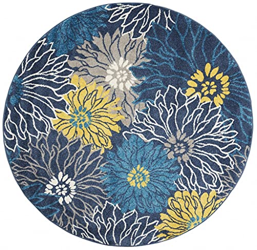 HomeRoots 100% Polypropylene 4’ Round Blue Tropical Flower Area Rug