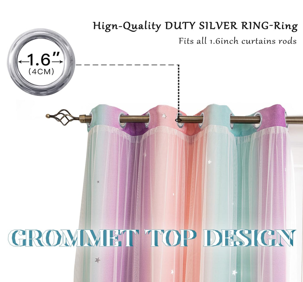 Yancorp Curtains For Girls Bedroom Kids Curtain Hollow-Out Star Window Nursery Curtain 96 Inches Length Room Darkening Grommet 2 Layers (Green Pink Purple, W52 X L96)