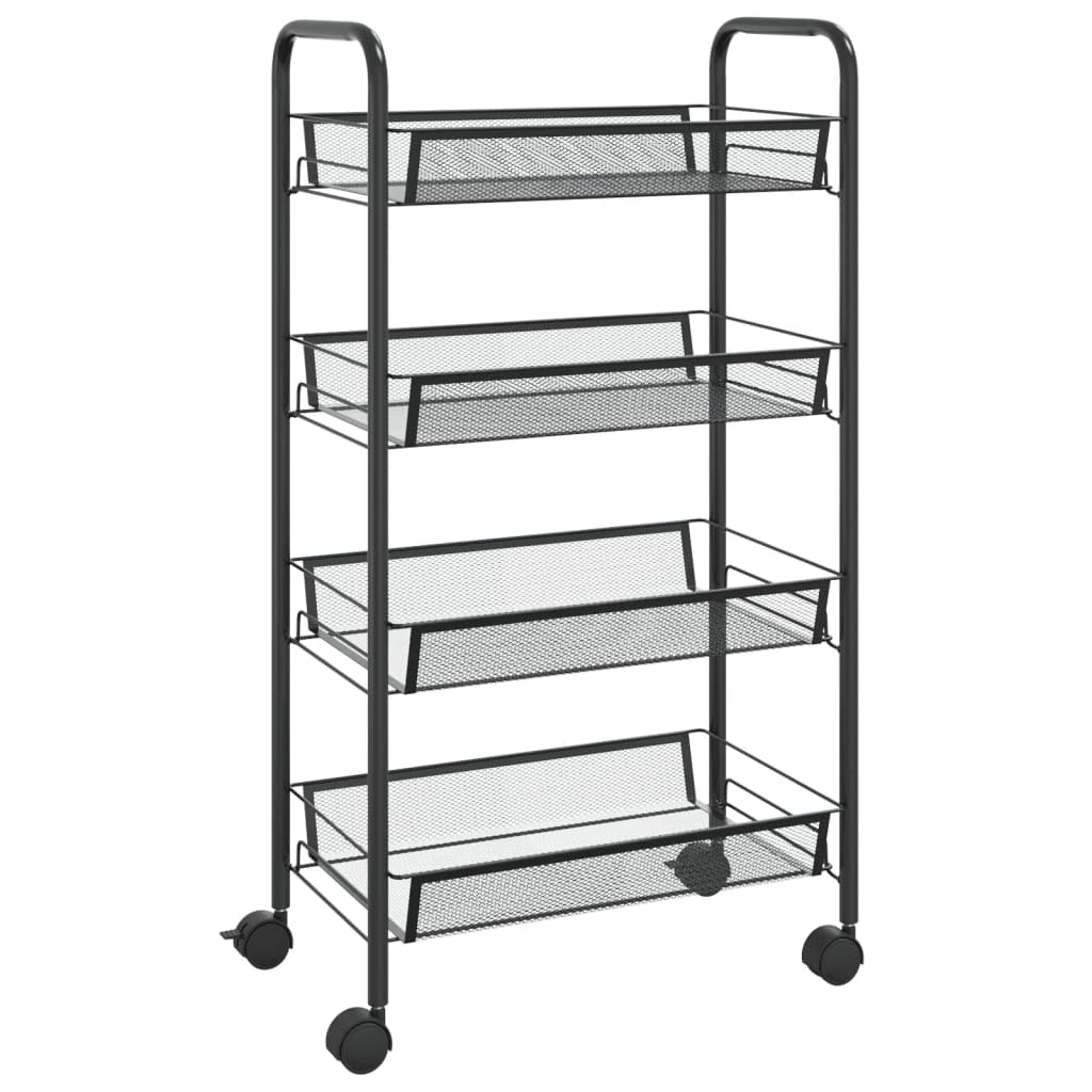 vidaXL Black Iron Kitchen Trolley with 4 Tiers - Space Saving Organizer with Removable Mesh Baskets and Braked Wheels