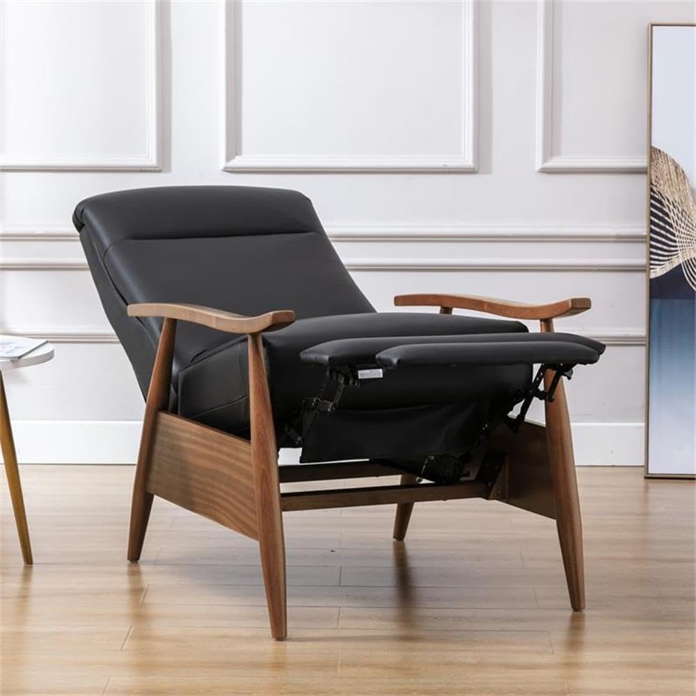 Comfort Pointe Fairview Black Top Grain Leather Chestnut Exposed Wood Arm Push Back Recliner