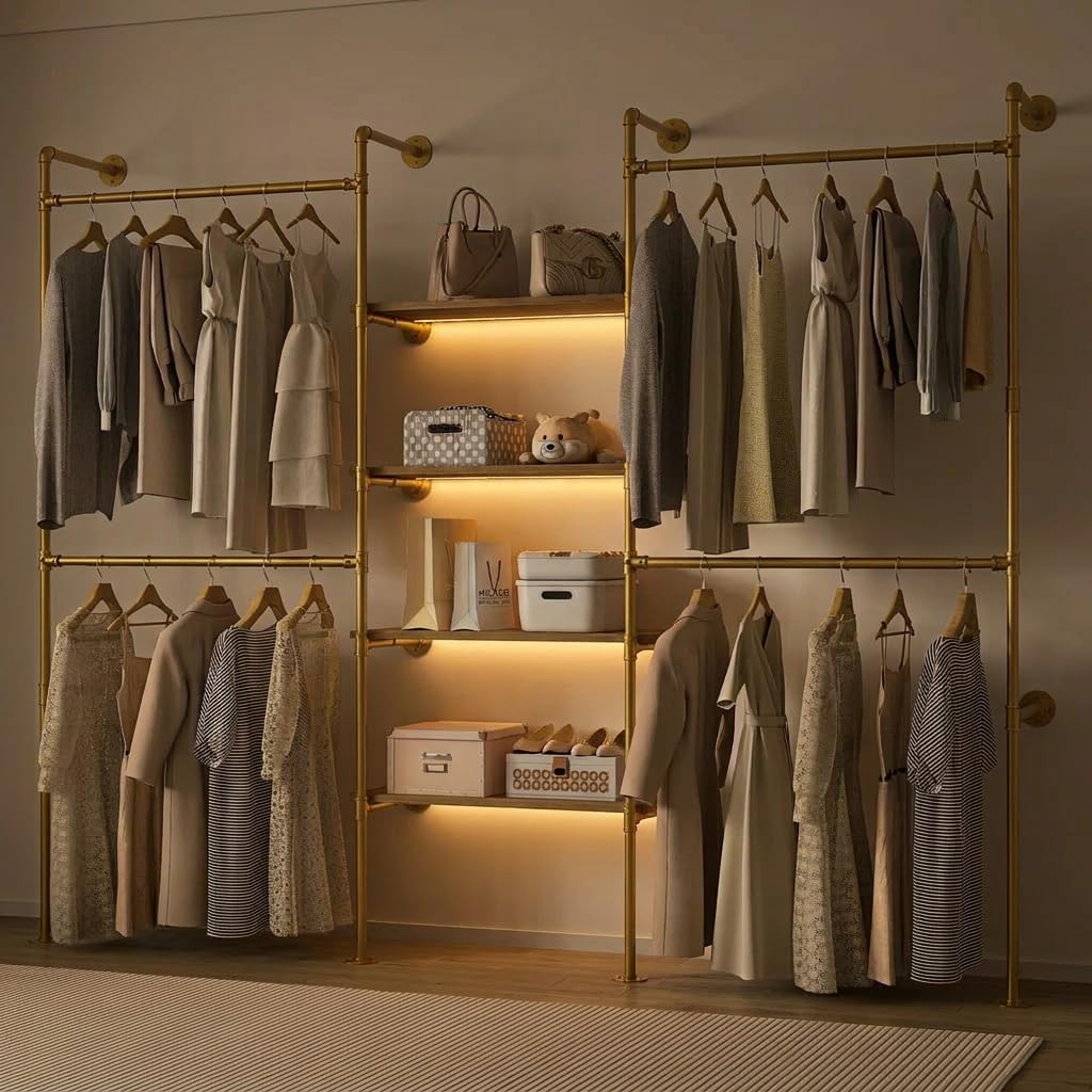 DABILONGC Industrial Pipe Clothing Rack with LED Lights& Shelves,Gold
