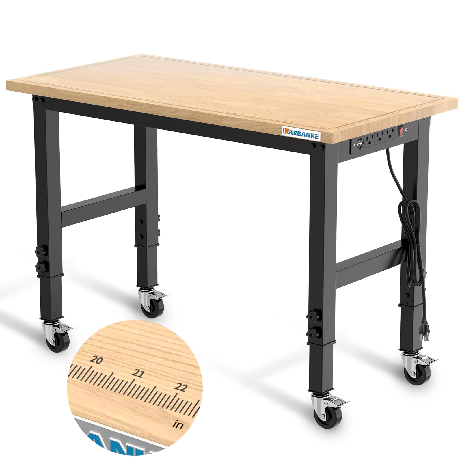 Larbanke 48'' Heavy-Duty Adjustable Workbench With Brake Wheels,Hardwood Worktable Weight Capacity Over 2000 Lbs,Rubber Wood Wor