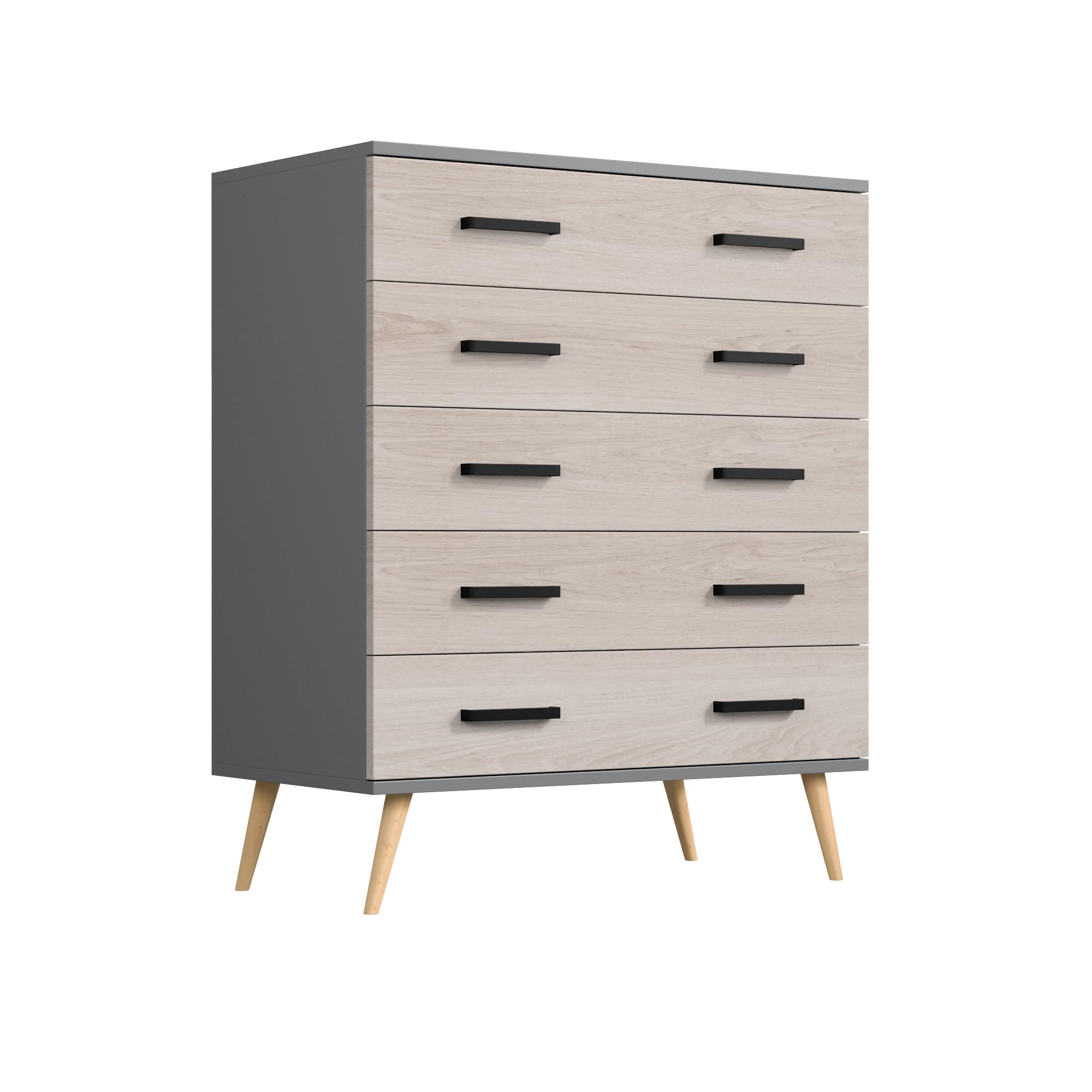 Woodpeckers Furniture And Mattress Eli Mid-Century Modern 5 Drawer Chest (Dark Gray & Honey Oak)