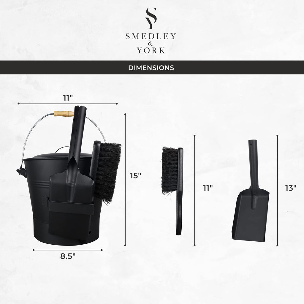 Smedley & York 2.15 Gallon Black Ash Bucket And Fireplace Tool Set With Lid, Shovel & Broom