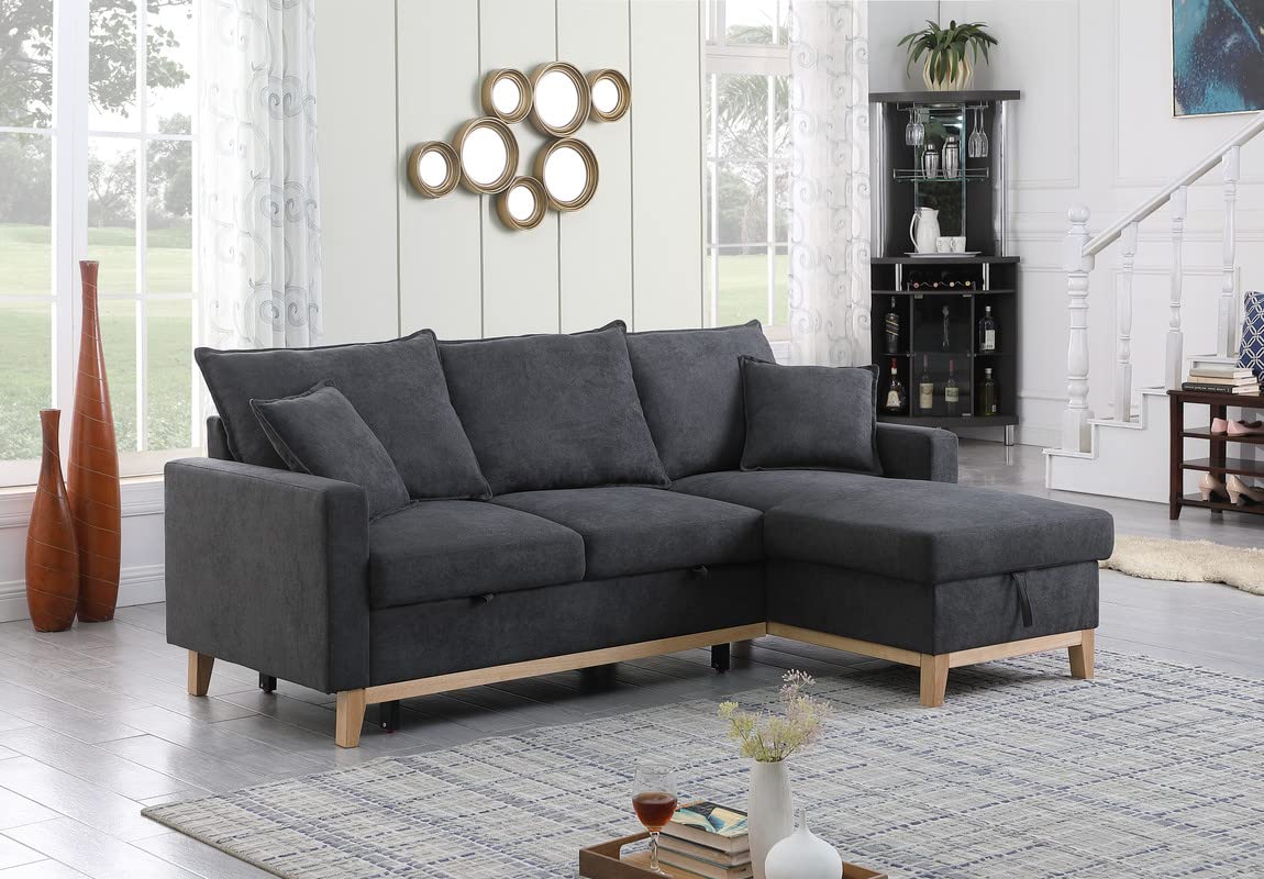 Lilola Home Colton Dark Gray Woven Reversible Sleeper Sectional Sofa with Storage Chaise