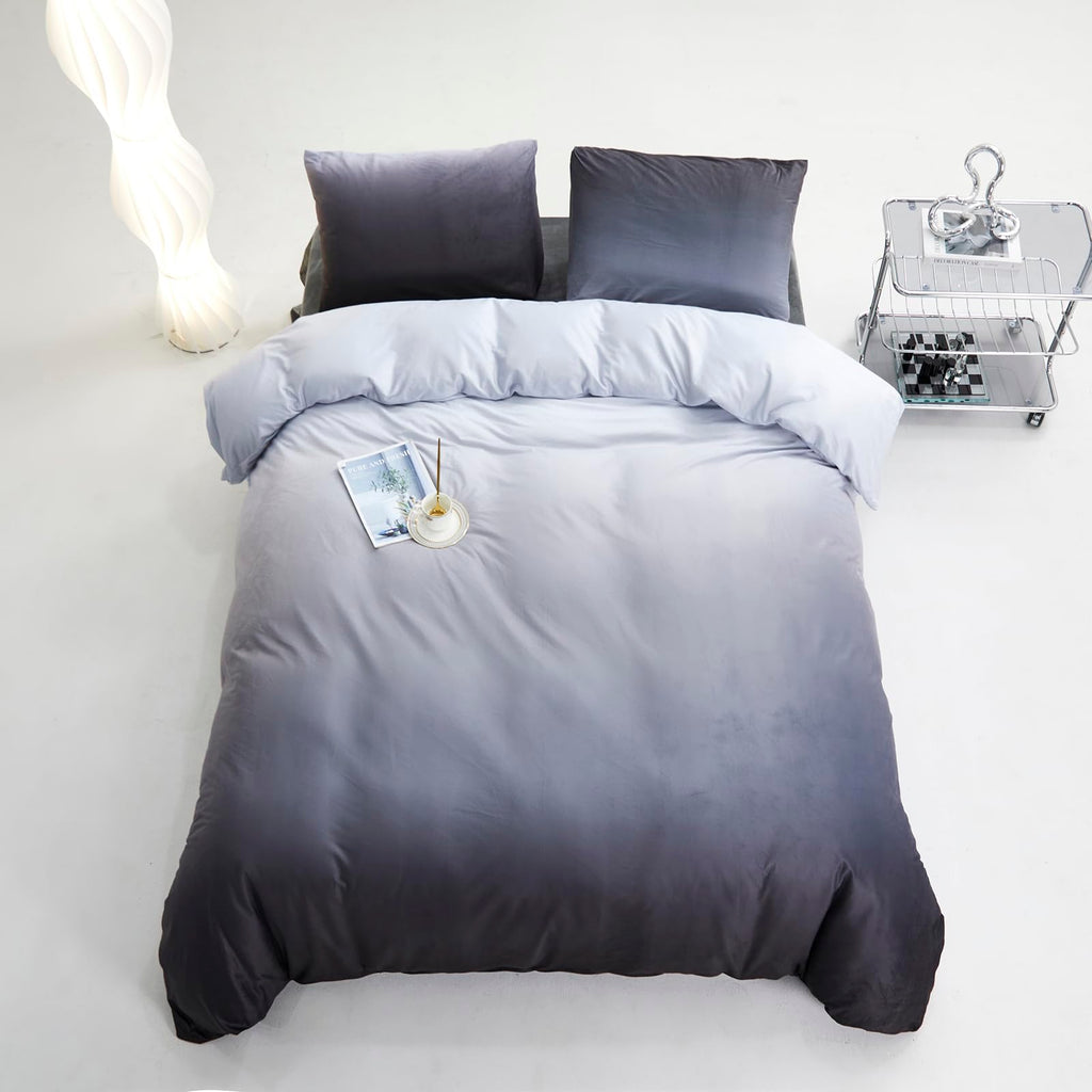 Clothknow Dark Grey Velvet Queen Comforter Set 3Pcs Gray White Fluffy Bedding Comforter Sets Gray Queen Comforter Soft Grey Velvet Queen Size Comforter Sets