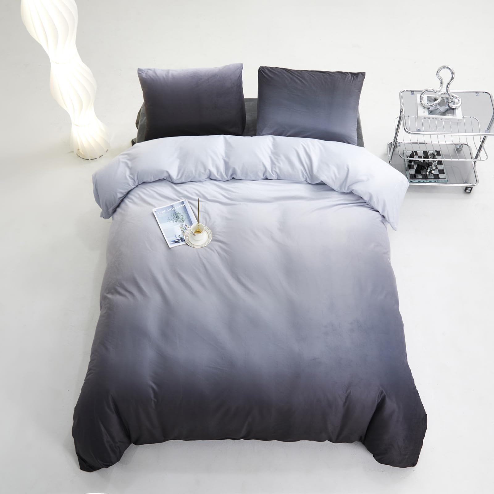Clothknow Dark Grey Velvet Queen Comforter Set 3Pcs Gray White Fluffy Bedding Comforter Sets Gray Queen Comforter Soft Grey Velvet Queen Size Comforter Sets