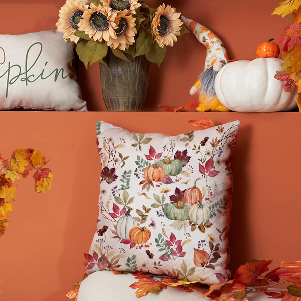 DFXSZ Fall Pillow Covers 20x20 inch Set of 2, Pumpkin Maple Leaf Design, Autumn Thanksgiving Farmhouse Decor for Couch, White