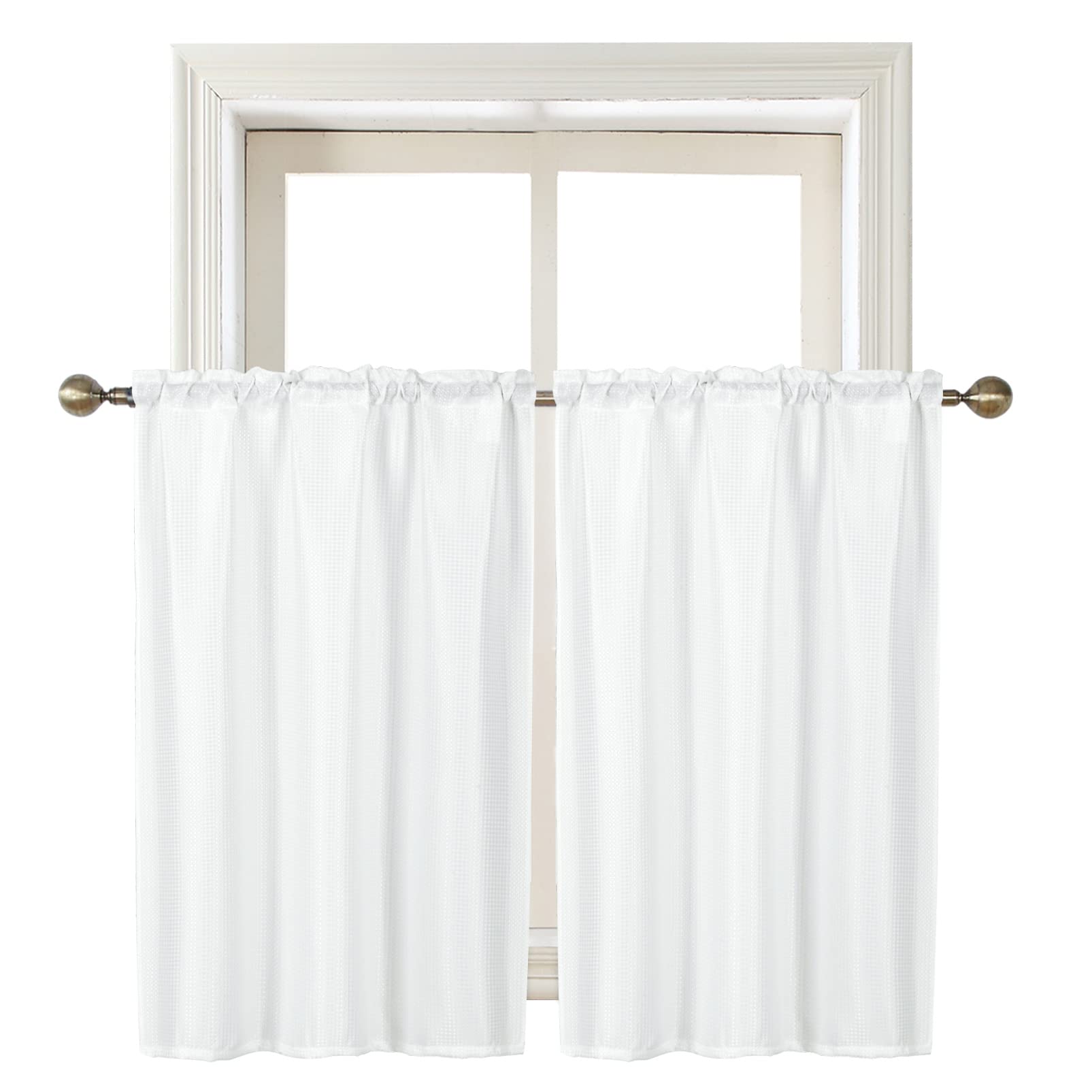Home Queen White Waffle Bathroom Window Curtains, Water Repellent Rod Pocket Kitchen Drapes For Small Window, 2 Panels, 24 W X 4