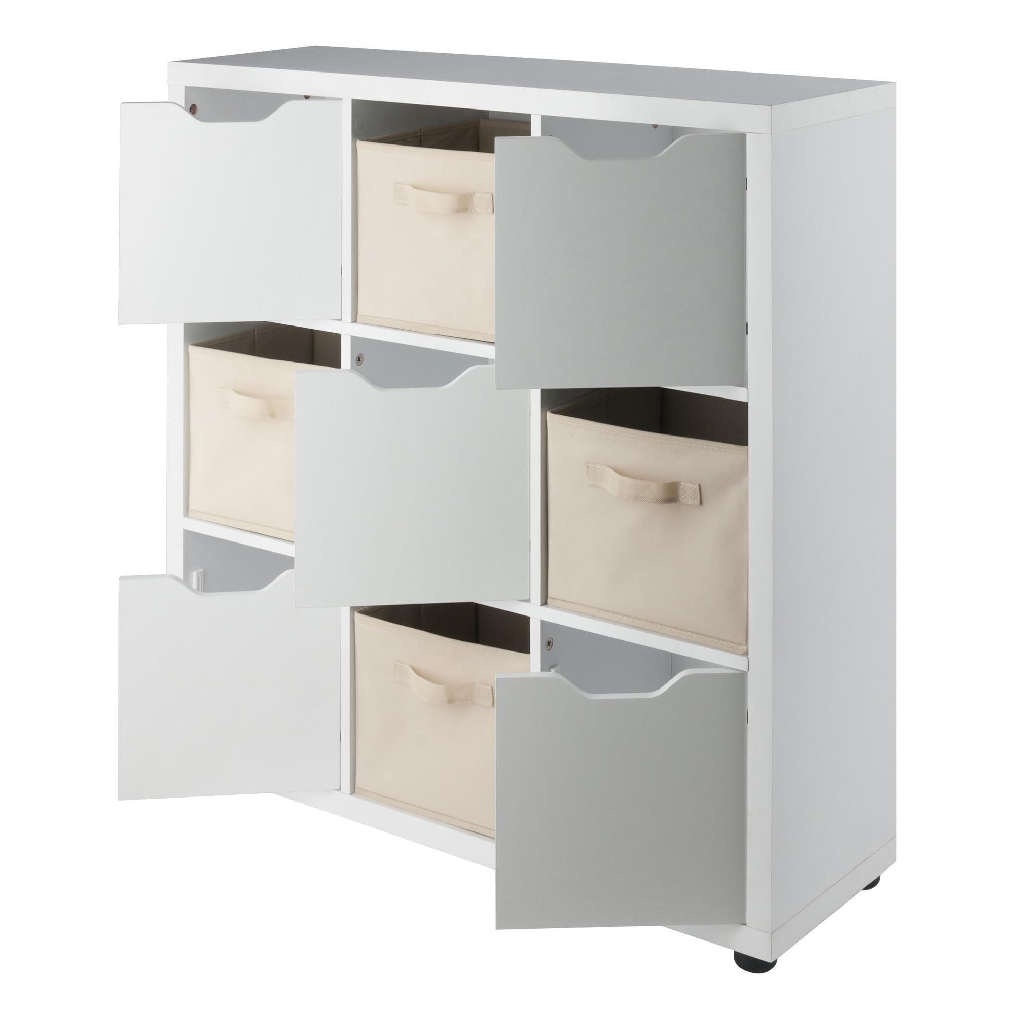 Winsome Julian 3x3 Storage Cabinet Set, for Living Room, Home Office, White, with 4 Beige Baskets
