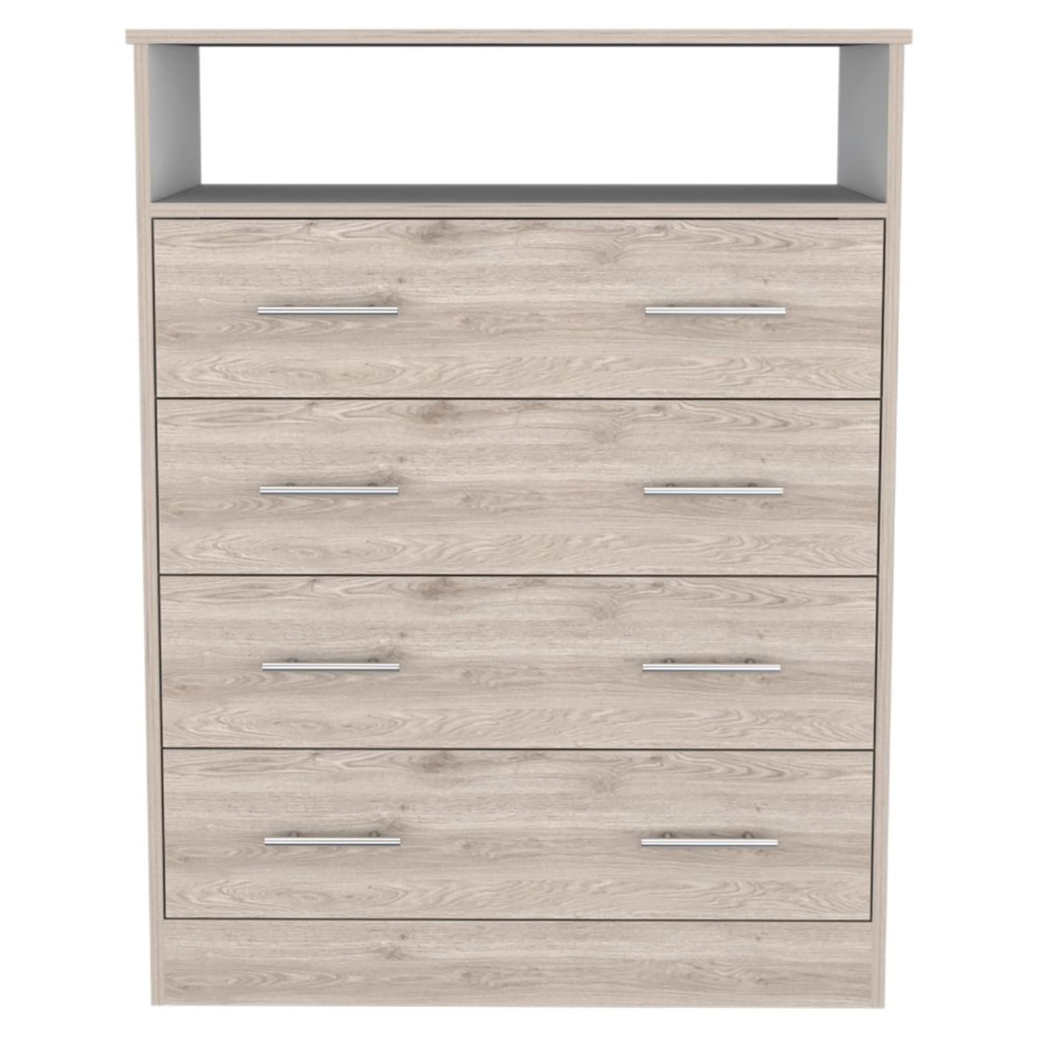 Serbian 4 Drawer Dresser, Superior Top, 1 Open Shelf, Light Gray/White