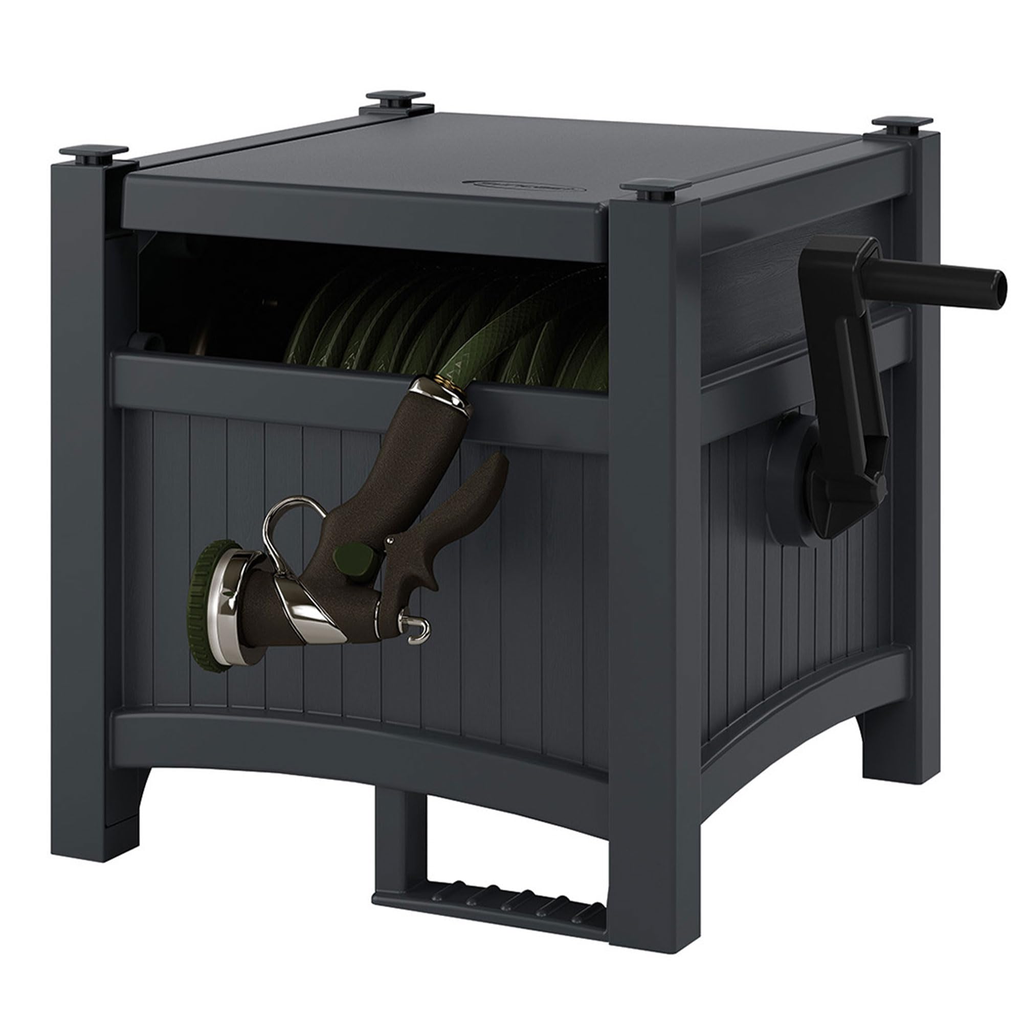 Suncast Hideaway 100 Foot Capacity Plastic Garden Hose Reel With Stay Up Lid And Crank Handle For Outdoor Storage, Cyberspace