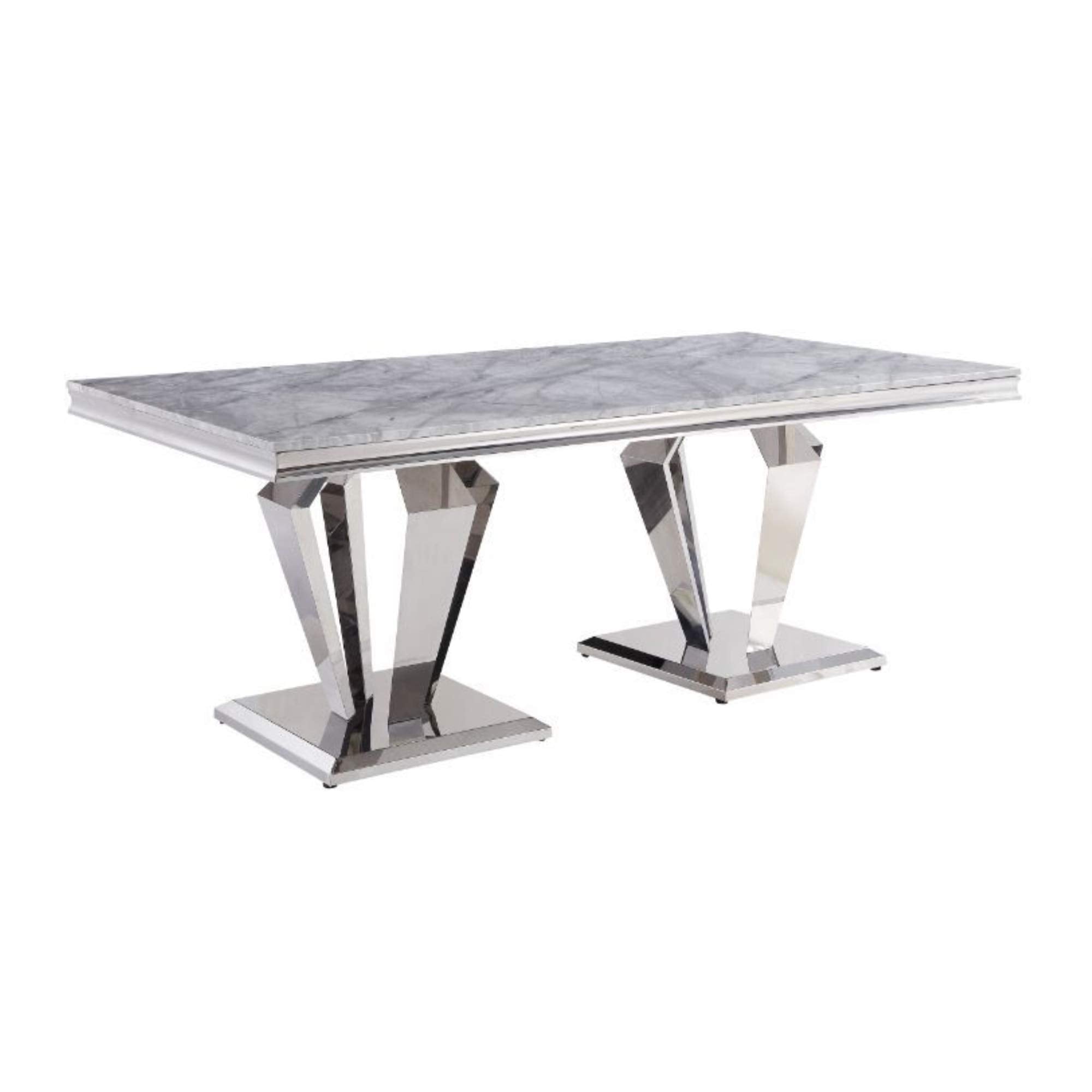 Acme Satinka Dining Table in Faux Marble and Mirrored Silver Finish