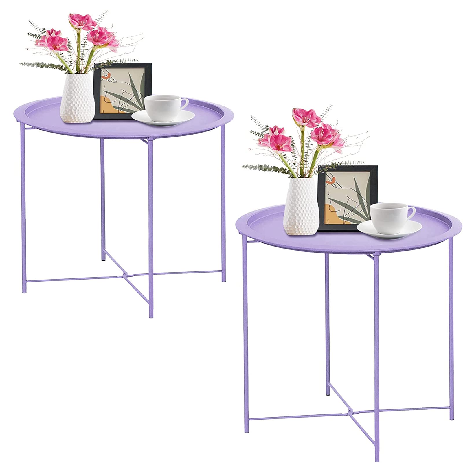 Garden 4 You End Table Set Of 2, Outdoor Side Table, Small Patio Table Metal Side Table, Round Folding Side Table, For Outdoor And Living Room,Purple