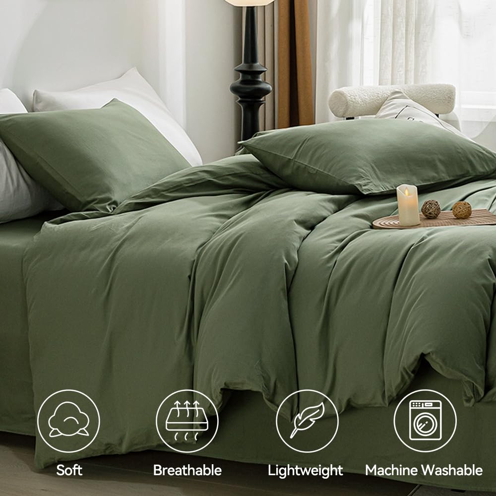 Jellymoni Green Duvet Cover Twin Size - 100% Washed Cotton Linen Feel Textured Comforter Cover, 2 Pieces Breathable Soft Bedding